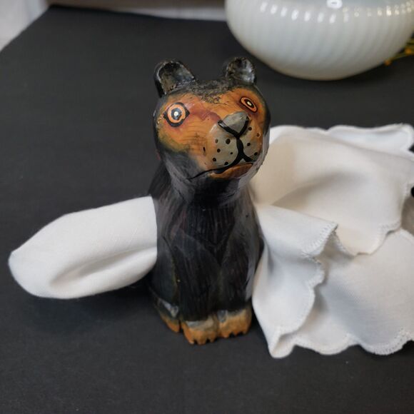 Farmhouse Primitive Hand Carved Wooden Black Bear Napkin Holders Rings Set of 4 - Picture 2 of 9